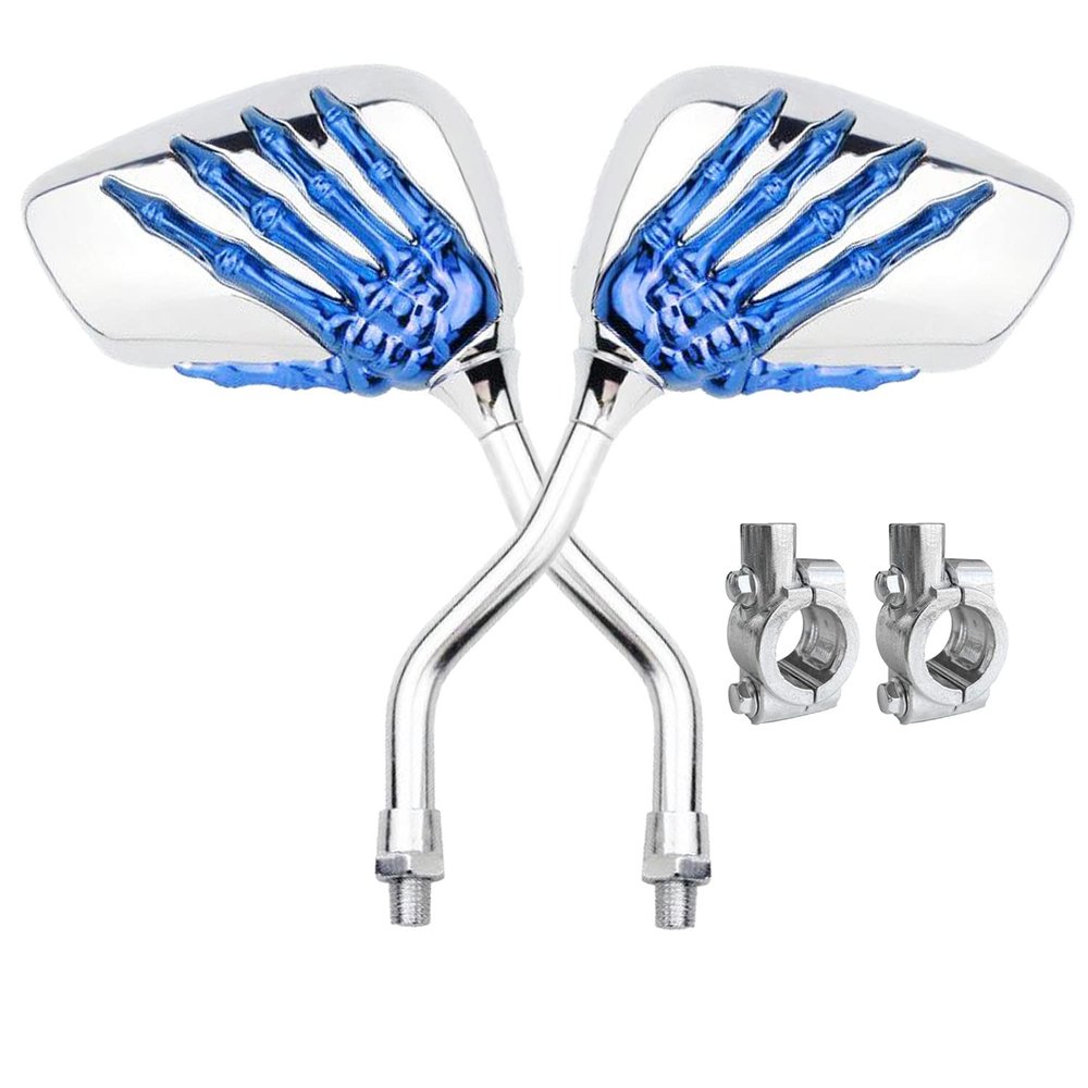 Pairs of Distinctive Skull Skeleton Hand Bike Mirror, Bicycle Mirrors for Handlebars with Mount Holder Clamp Adaptor 10mm for Scooter Moped Bike Standard Bike Motorcycle (Blue)