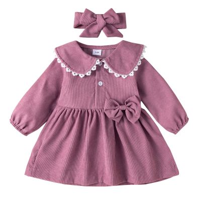Dress 16 Toddler Girls Long Sleeve Dresses Solid Bowknot Princess Dress Headbands Set (Purple, 18-24 Months)