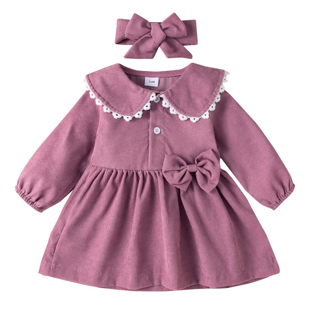Dress 16 Toddler Girls Long Sleeve Dresses Solid Bowknot Princess Dress Headbands Set (Purple, 18-24 Months)