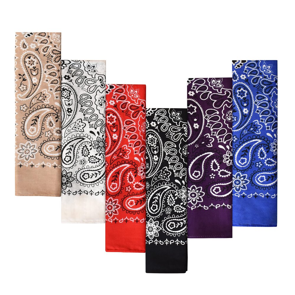 6-Pack 100% Cotton Bandanas Gift Set (Red Black White Blue Purple Tan)  22x22 Inch Paisley Head Wraps, Face & Neck Scarves, Multi-Purpose Accessories for Men & Women, Holiday & Everyday Gifting