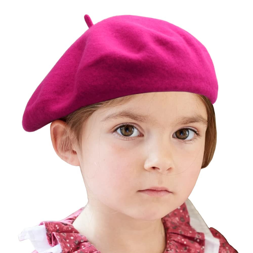 Wheebo Berets for Kids Wool French Beret Hats Artist Painter Hats for Little Girls Boys Solid Color Style(Hot Pink)