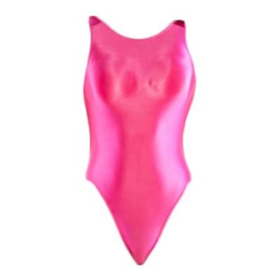 XCKNY Silky Glossy Half Hip Swimsuit Shiny Japanese palufite Backless Belly Covering Swimsuit-Small Rose Pink
