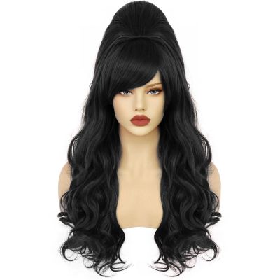 ANOGOL Hair Cap+ Black Bouffant Beehive Wig Beehive Style Wig Black Long Wavy Updo Wig For 80s 60s 50s Cosplay Costume Wig For Women Girls Halloween Party