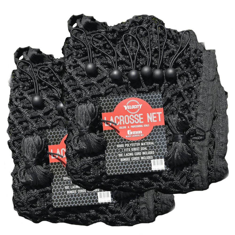 Velocity 6MM Heavy Duty Black Lacrosse Net, 2 Pack - Fits 6x6x7 Goals - Weatherproof, UV Resistant 1000D Durable Polyester - Includes 100+ Feet of Lacing Cord, 4 Quick Ties