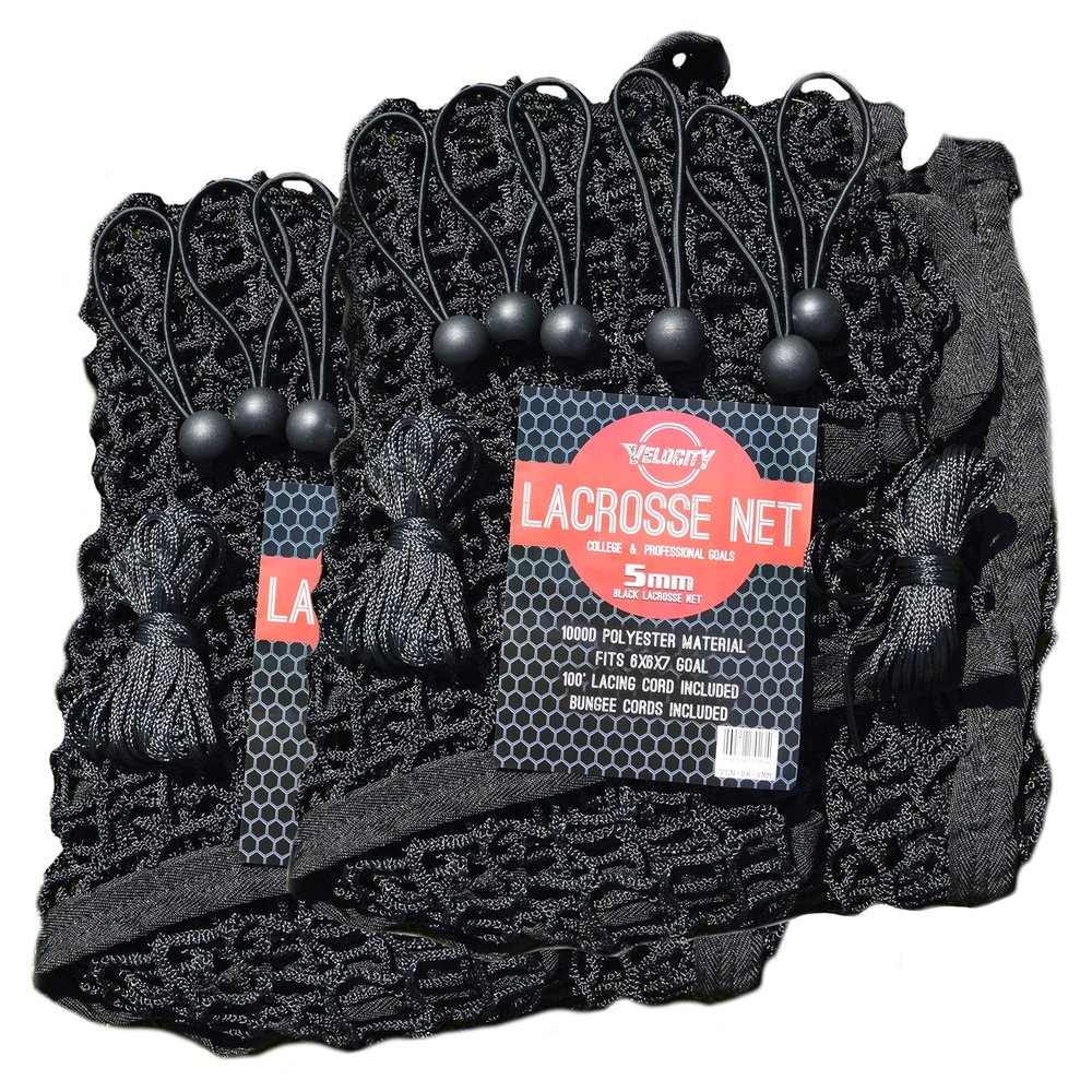 Velocity 5MM Heavy Duty Black Lacrosse Net, 2 Pack - Fits 6x6x7 Goals - Weatherproof, UV Resistant 1000D Durable Polyester - Includes 100+ Feet of Lacing Cord, 4 Quick Ties