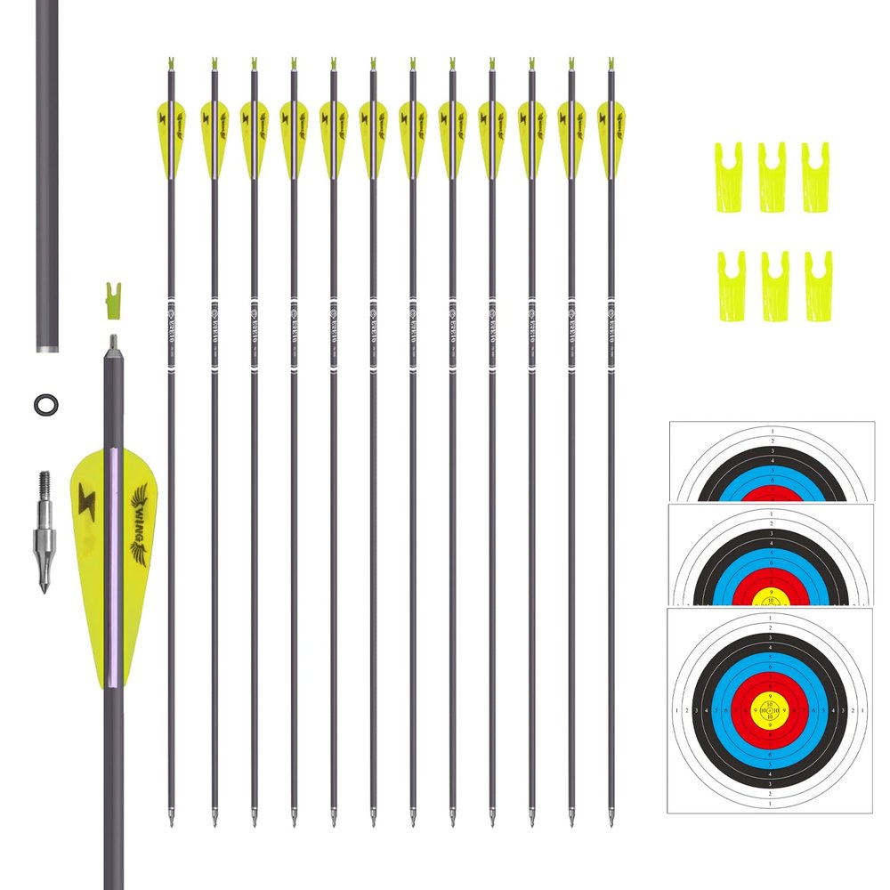 e5e10 31inch Carbon Arrow Archery Targeting Practice Hunting Arrows for Compound & Recurve Bow with Removable Tips(Pack of 12) (Yellow White)