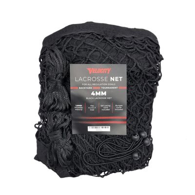 Velocity 4MM Heavy Duty Black Lacrosse Net - Fits 6x6x7 Goals - Weatherproof, UV Resistant 1000D High-Strength Polyester - Comes with 100+ Feet of Lacing Cord and 4 Quick Ties