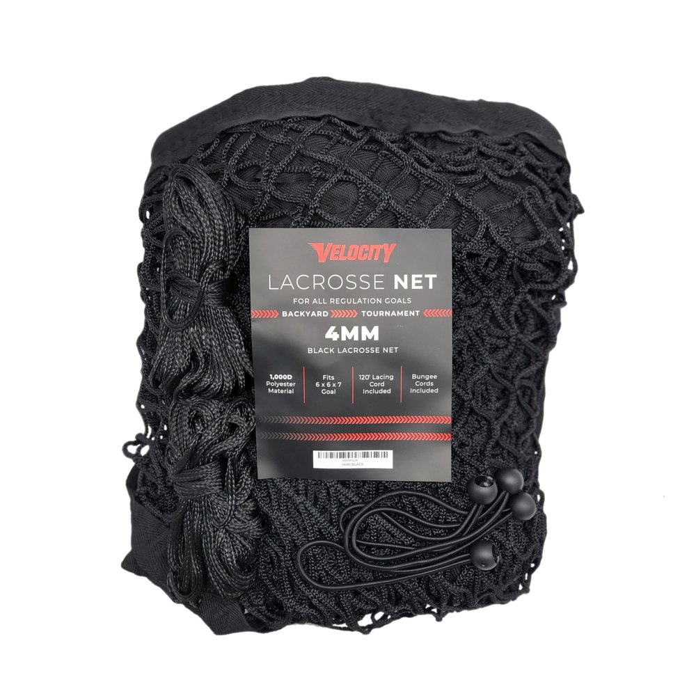 Velocity 4MM Heavy Duty Black Lacrosse Net - Fits 6x6x7 Goals - Weatherproof, UV Resistant 1000D High-Strength Polyester - Comes with 100+ Feet of Lacing Cord and 4 Quick Ties