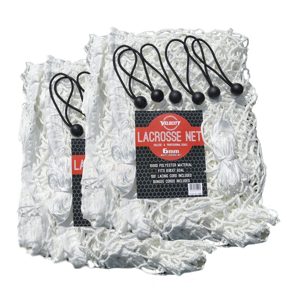 Velocity Lacrosse Net 6mm (2-Pack) Replacement Goal Net, Heavy Duty for High School, College, Professional, Fits All 66x7 Goals, 1000D High-Strength Poly, Weatherproof & UV-Resistant White