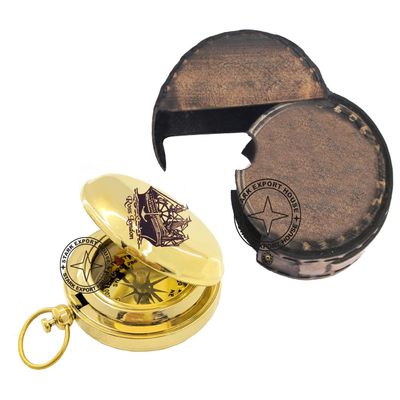 Brass Push Button Compass Pocket Sundial Compass for Navigation Camping 2 inch with Leather Case