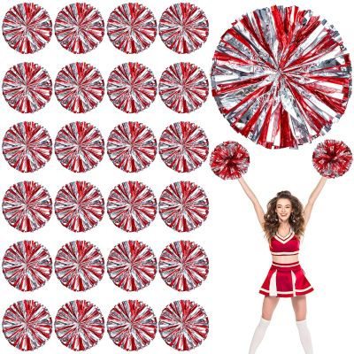 Charniol 24 Pcs Red and Silver Cheerleading Pom Poms with Finger Rings, Metallic Foil Cheerleader Poms Sport Dance Cheering Pom for Girls School Sports Team Performance, Stage Performance