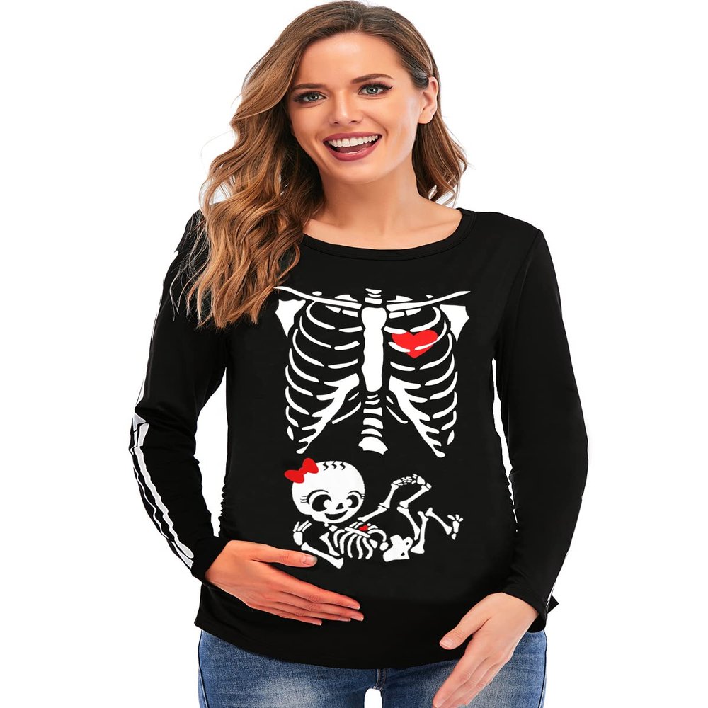 Women's Halloween Pregnancy Shirt Long Sleeve Skeleton Maternity Skeleton Baby Girl Outfits Tops 2XL