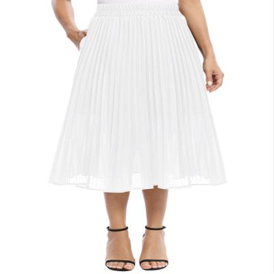 EXCHIC Women's Casual Chiffon Elastic Waist A-Line Pleated Swing Midi Skirt with Pockets (L, White)