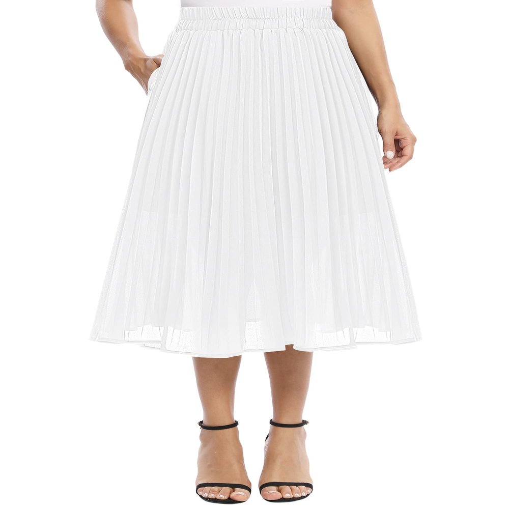 EXCHIC Women's Casual Chiffon Elastic Waist A-Line Pleated Swing Midi Skirt with Pockets (L, White)