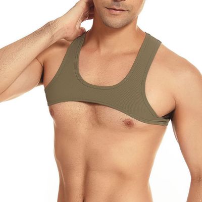Fldy Mens Sexy Sleeveless Muscle Half Tank Top Vest T-Shirts Sports Bras Crop Tops Sport Chest Harness Army Green Medium