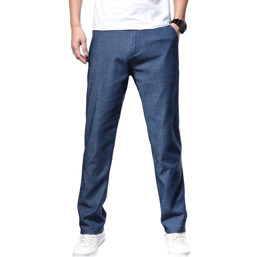 DGKaxiyaHM Men Business Casual Straight Leg Denim Pants Relaxed Fit Breathable Retro Jeans Wash Iron-Free Carpenter Trousers (Dark Blue,38.00,5,OZ)