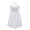 Agoky Girls Sequins Ballet Lyrical Dance Dress Halter Neck Irregular Hem Tulle Leotard for Dress Gymnastic Ballroom Dancewear White 6 Years view 1