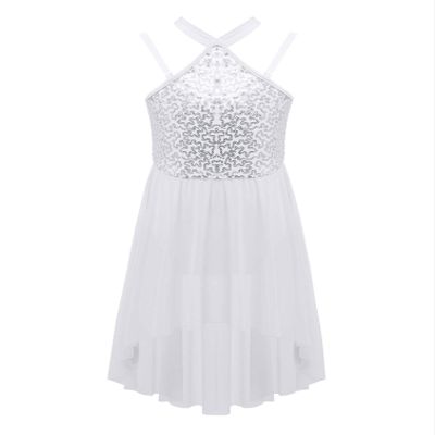 Agoky Girls Sequins Ballet Lyrical Dance Dress Halter Neck Irregular Hem Tulle Leotard for Dress Gymnastic Ballroom Dancewear White 16 Years