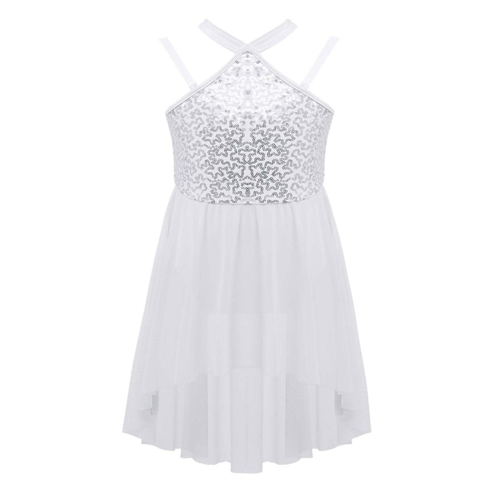 Agoky Girls Sequins Ballet Lyrical Dance Dress Halter Neck Irregular Hem Tulle Leotard for Dress Gymnastic Ballroom Dancewear White 16 Years