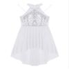 Agoky Girls Sequins Ballet Lyrical Dance Dress Halter Neck Irregular Hem Tulle Leotard for Dress Gymnastic Ballroom Dancewear White 16 Years view 3