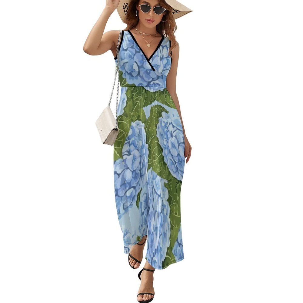 Blue Hydrangea Women's Sleeveless Long Dress V Neck Summer Maxi Dress Funny