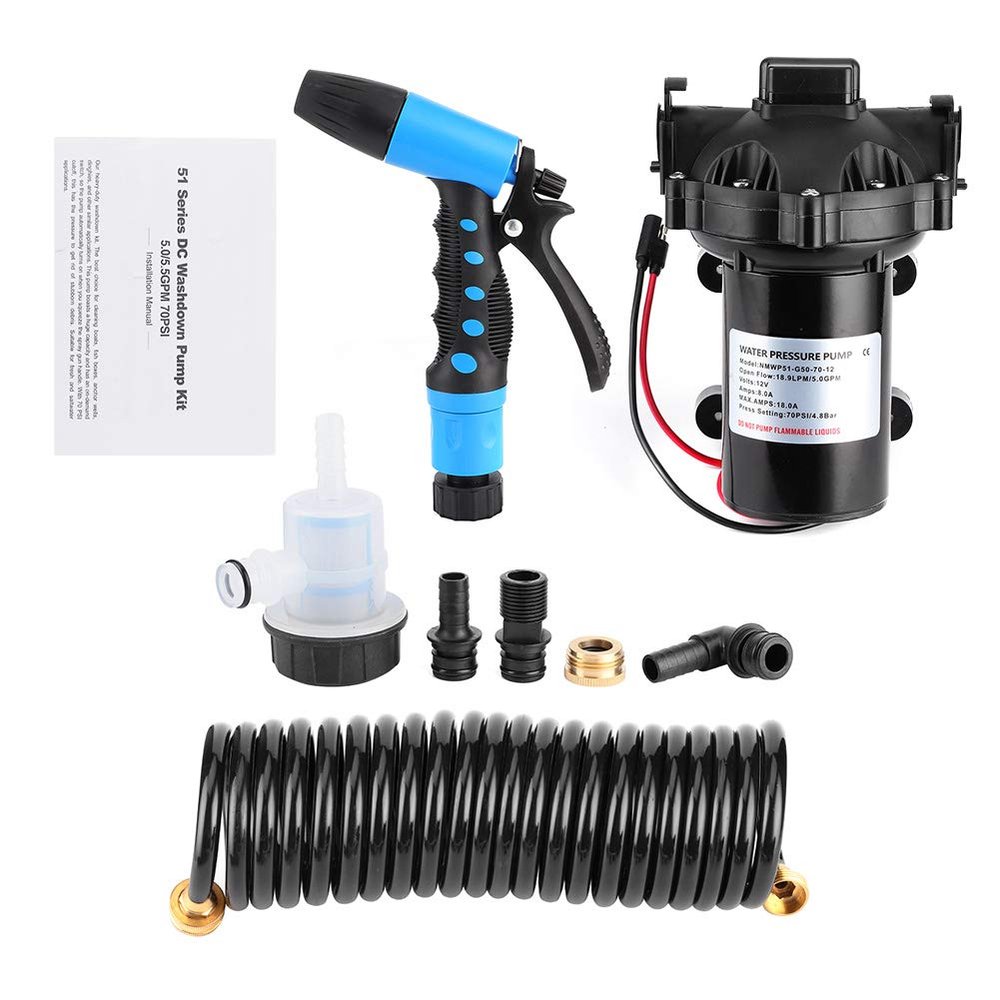 Arsor RV Water Pump, 12V 70 PSI 5.0 GPM 18.9 LPM 4.8 BAR Washdown Deck Wash Pump Kit with Coiled Hose and Pressure Protection Self Priming Water Pressure Pump for Rv Boat Marine Yacht Caravan
