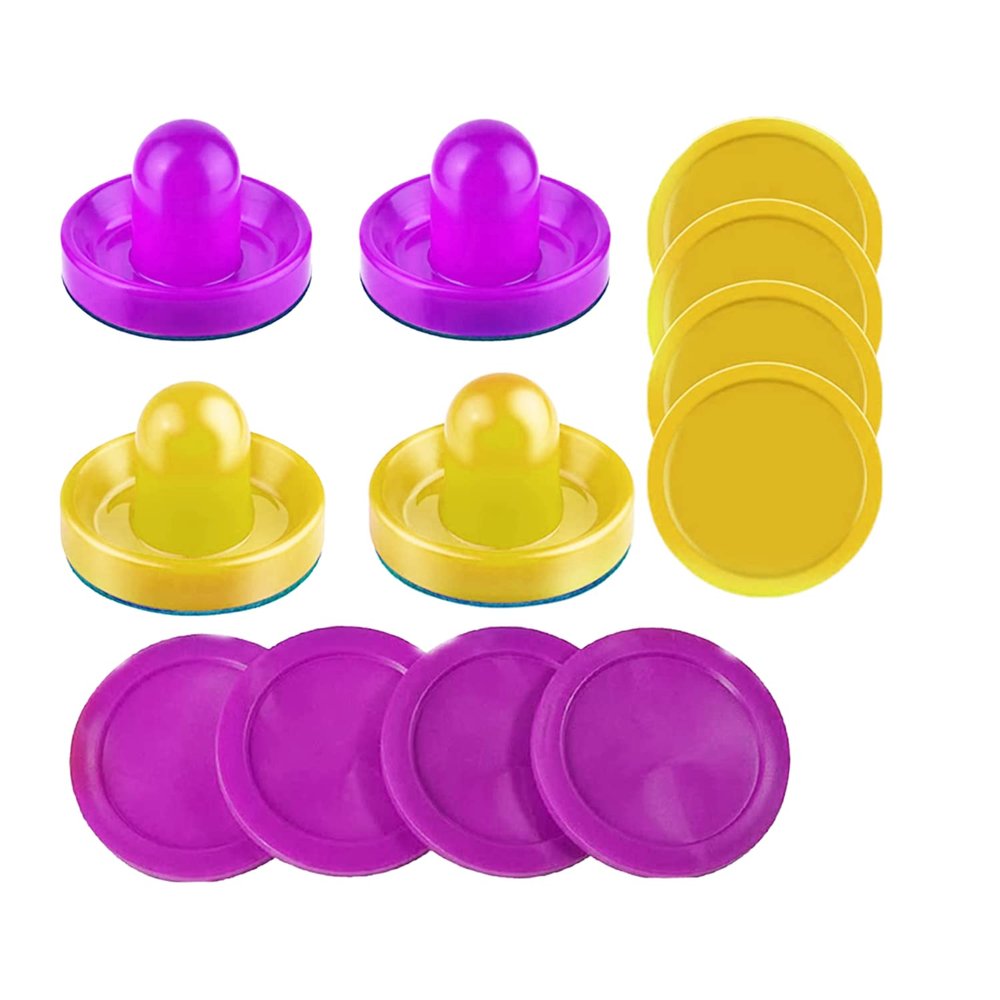 INSCOOL Air Hockey Pushers and Air Hockey Pucks Paddles, Goal Handles Paddles Replacement Accessories for Game Tables(4 Yellow and Purple Pushers, 8 Yellow and Purple Pucks)