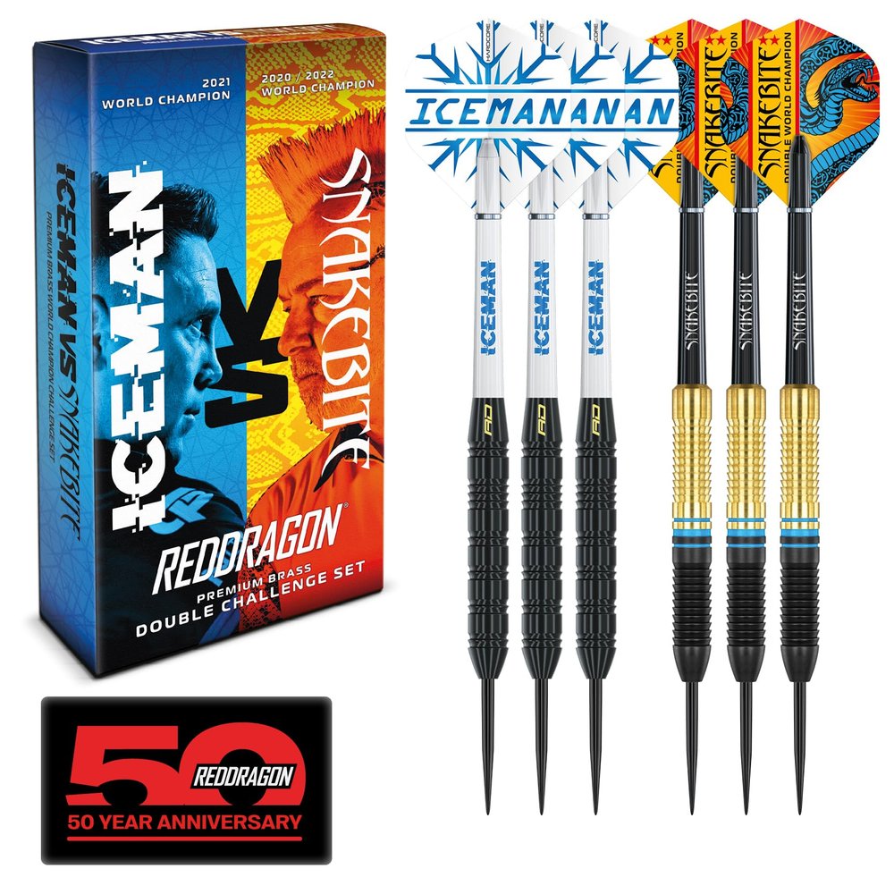 RED DRAGON Peter Wright 'Snakebite' v Gerwyn Price 'Iceman' DWC Brass Darts Set with Flights and Shafts (Stems)