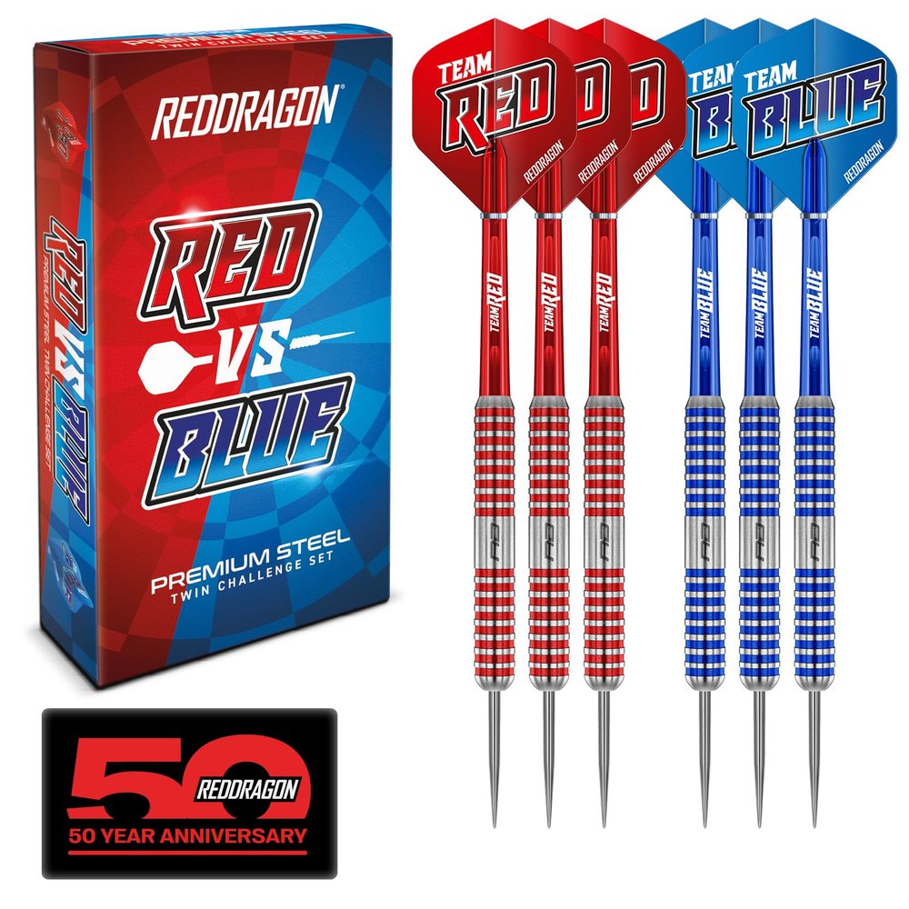 RED DRAGON Team Red v Team Blue 20 Gram Steel Professional Steel Darts Set with Flights and Shafts (Stems)