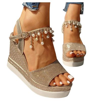 BORAMAX Women's Wedge Platform Sandal,Summer Dressy with Pearl Open Toe Sandals Ankle Strap Roman Platform High Heels Sandals