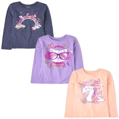 The Children's Place Girls Unicorn Long Sleeve Graphic T-Shirts,Multipacks Rainbow/Music Cat/Unicorn 3-Pack Large