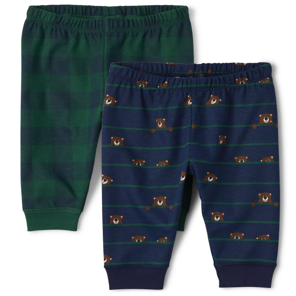 The Children's Place,Cotton Pants,Tidal Bears/Tidal Plaid,0-3 Months,2 Pack