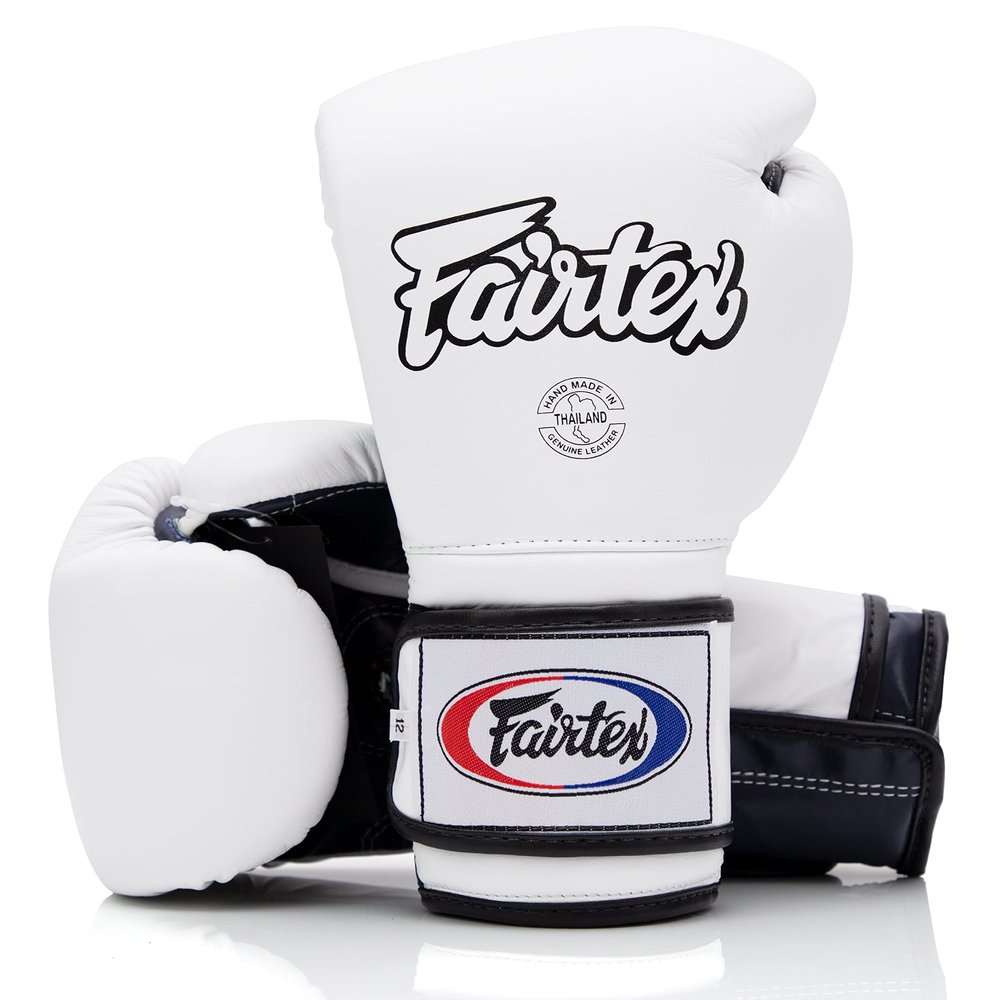 Fairtex Muay Thai Boxing Gloves BGV9 - Heavy Hitter Mexican Style Training & Sparring Gloves for Kick Boxing MMA K1 (White/Blue Palm, 12 oz)