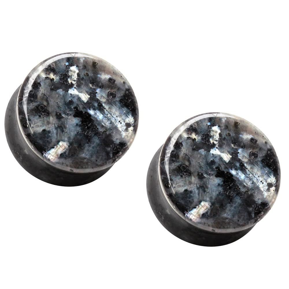 Pierced Owl Natural Black Labradorite Stone Double Flared Plugs, Sold as a Pair (10mm (00GA))