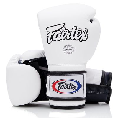 Fairtex Muay Thai Boxing Gloves BGV9 - Heavy Hitter Mexican Style Training & Sparring Gloves for Kick Boxing MMA K1 (White/Blue Palm, 14 oz)