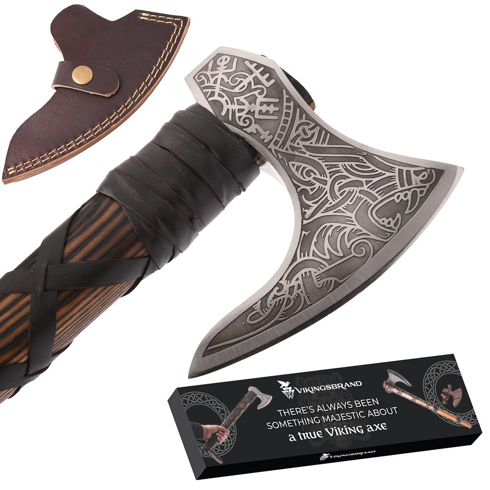 Genuine Viking Bearded Axe - 1095 Carbon Steel, 55-58 RC Hardness - Includes Leather Cover, 21.6 Inches