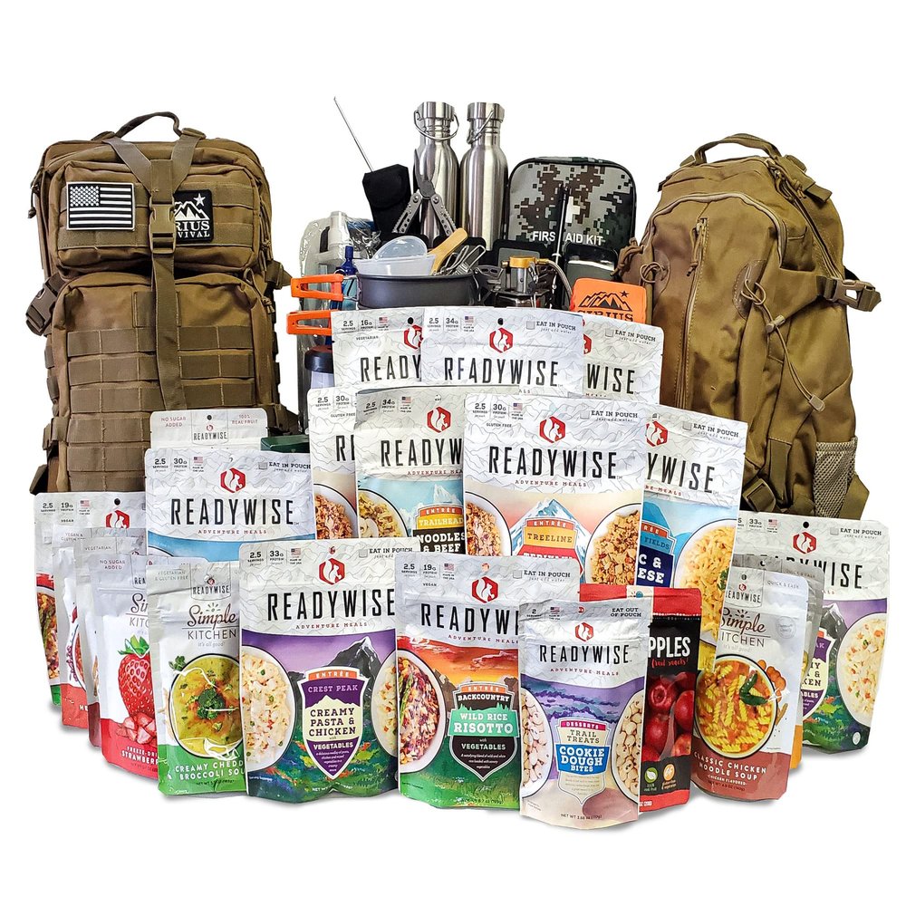 Family Comfort 72 Emergency Survival Kit/Backpack  72 Hours for 2 People  Disaster Preparedness  Delicious Survival Food, Gear, Lighting, First Aid & More, Tan