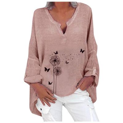 Cotton Linen Tops for Women Pluse Size Long Sleeve Casual V Neck Dandelion Print Graphic Shirts Loose Comfy Blouses Pink