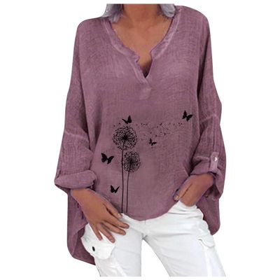 Cotton Linen Tops for Women Pluse Size Long Sleeve Casual V Neck Dandelion Print Graphic Shirts Loose Comfy Blouses Purple
