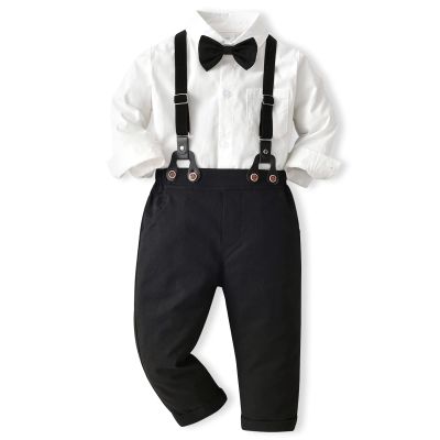ALINTU Boys Dress Clothes, Long Sleeve Dress Shirt + Suspender Pants Set, Gentleman Outfits for Boys, Black, 6-7 Years = Tag 140