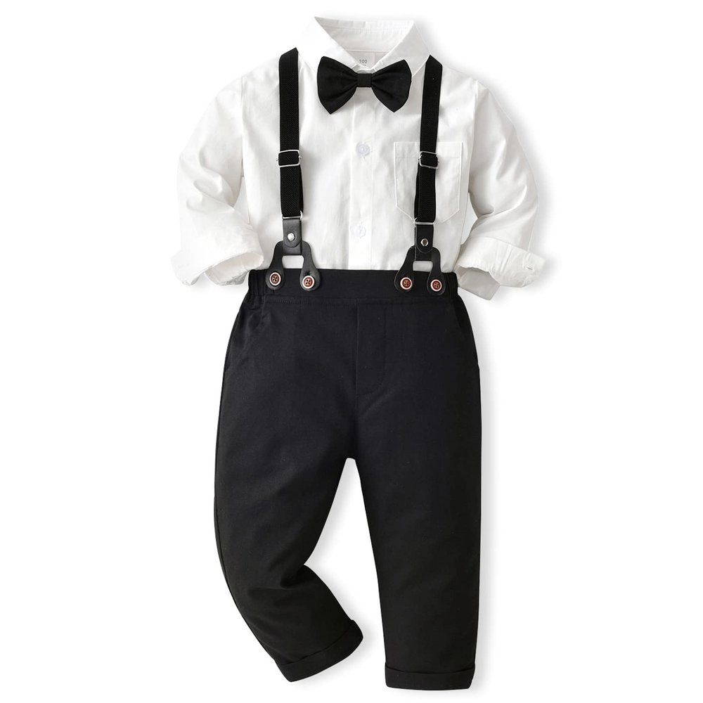 ALINTU Boys Dress Clothes, Long Sleeve Dress Shirt + Suspender Pants Set, Gentleman Outfits for Boys, Black, 6-7 Years = Tag 140