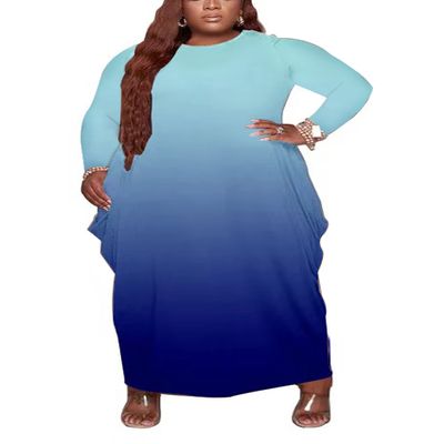 Fooullaide Women's Plus Size Maxi Dress Gradient Print Loose Oversize Long Sleeve Baggy Tshirt Casual Tunic Dresses with Pocket
