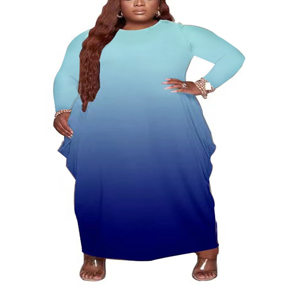 Fooullaide Women's Plus Size Maxi Dress Gradient Print Loose Oversize Long Sleeve Baggy Tshirt Casual Tunic Dresses with Pocket