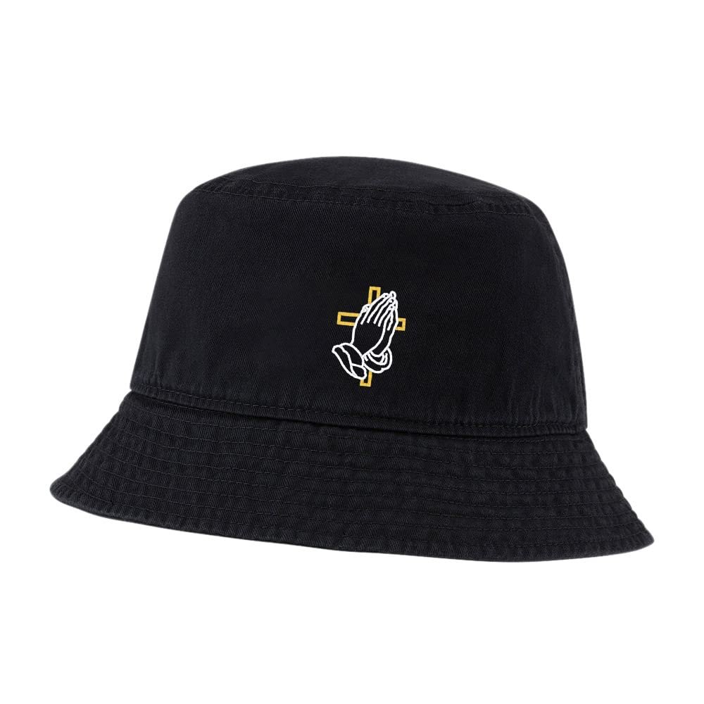 Bucket Hat for Men Women Praying Hands with Cross Embroidered Washed Cotton Unisex Bucket Hats (Black,7 1/2)