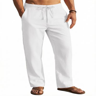 COOFANDY Men's Casual Linen Pants Lightweight Summer Beach Pants Drawstring Dress Pants with Pockets White XX-Large