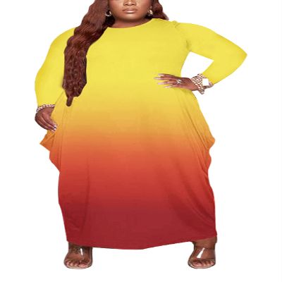 AIIYYQB Women's Casual Loose Plus Size Maxi Dress Gradient Print Long Sleeve T-Shirt Tunic Dress with Pockets