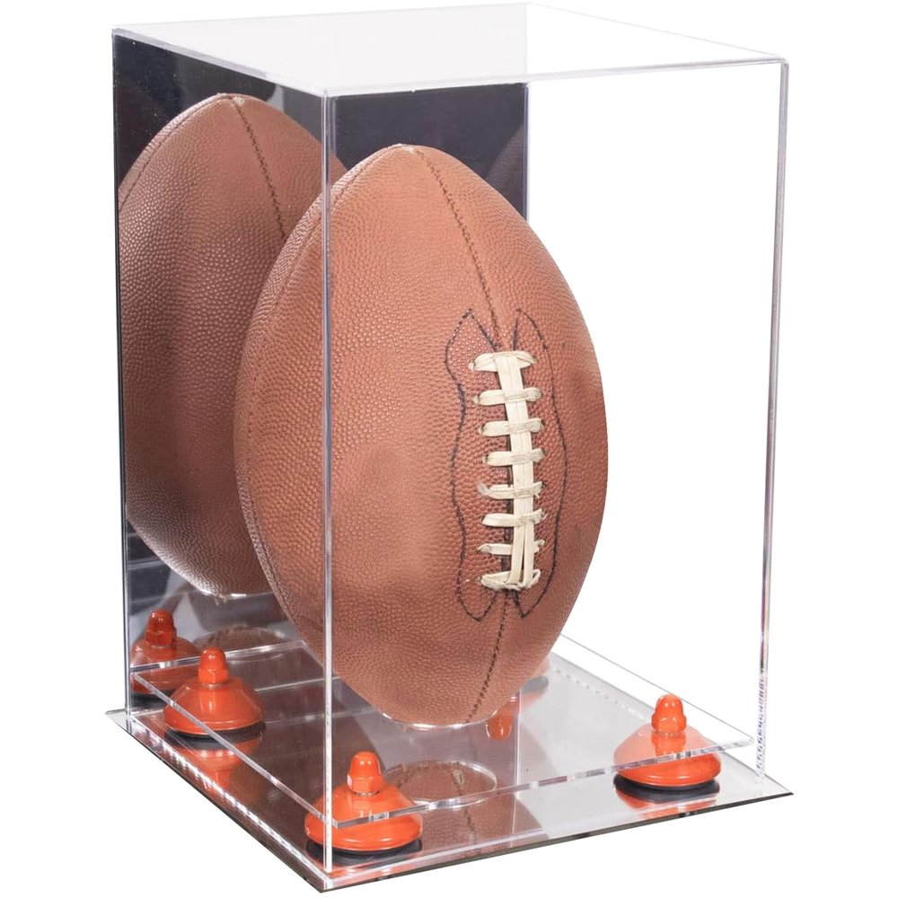 Better Display Cases Acrylic Football Display Case Vertical with Mirror Case, Orange Risers and Mirror Base (B42/A060)