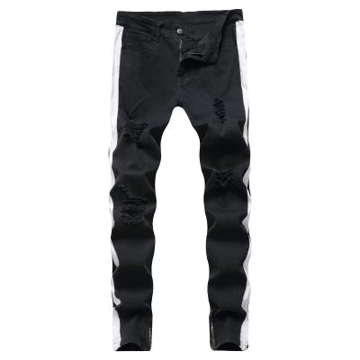 Men Streetwear Big Ripped Moto Skinny Jeans Classic Washed Elastic Hole Denim Pants Distressed Biker Zip Trousers (Black,30.00,5,OZ)
