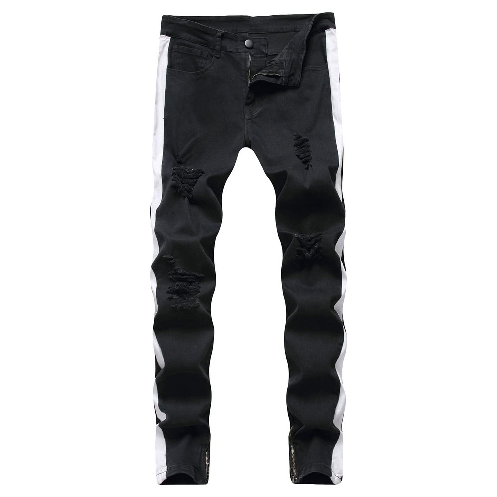 Men Streetwear Big Ripped Moto Skinny Jeans Classic Washed Elastic Hole Denim Pants Distressed Biker Zip Trousers (Black,30.00,5,OZ)