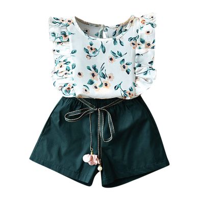 Girls Print Toddler Baby Set Outfits Clothes T-Shirt Shorts Kids Flower Top+Belt Girls Girls Active Suit (Green, 100)